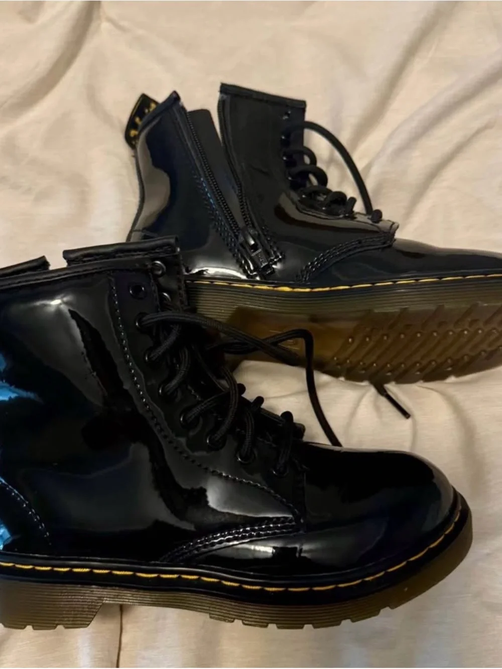 Dr. Martens Kids Black Patent Lace-Up Boots with Yellow Stitching